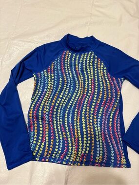 Lands' End Royal Blue Girls' Rash Guard with Multicolor Heart Print size Large